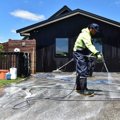 Professional cleaning team smiling outdoor